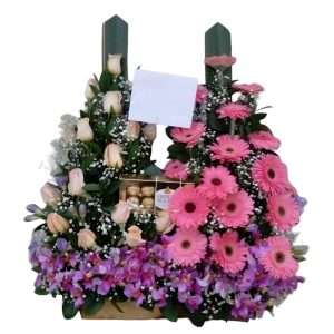 15 rosas y 15 gerberas con chocolates