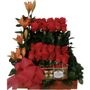 Arreglo de rosas con chocolates
