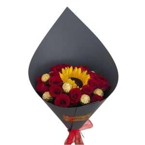 Bouquet de rosas, girasoles y chocolates