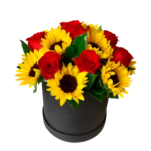 Caja de rosas y girasoles