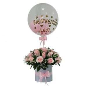 Caja redonda de 24 rosas y globo burbuja