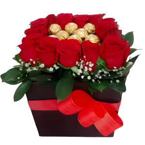 Caja tapizada de rosas y chocolates