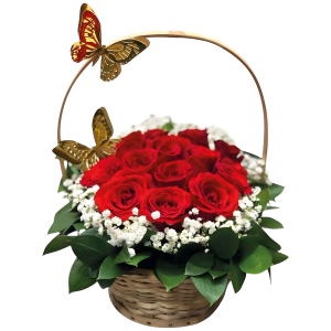 Canasta de rosas y mariposas