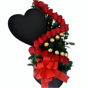 Caja de corazón con rosas y chocolates en zig zag