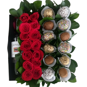 Caja de rosas, fresas con chocolate y vino