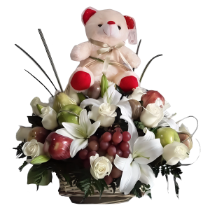 Canasta de flores, frutas y peluche