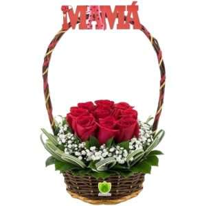 Canasta de rosas y aviso de mamá