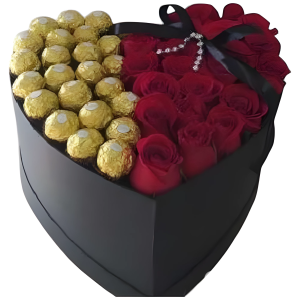 Corazón con rosas y chocolates