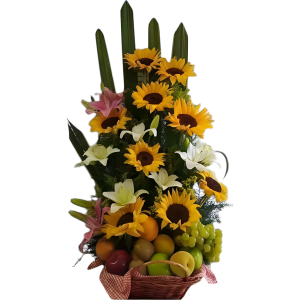 Frutero con girasoles y lirios