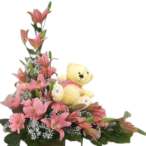 Lirios y gerberas con peluche