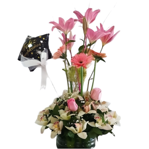 Orquídeas, lirios, gerberas y rosas con globo