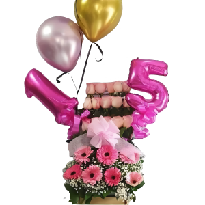Diseño de rosas, gerberas y globos