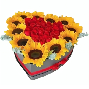 Rosas y girasoles en caja de corazón