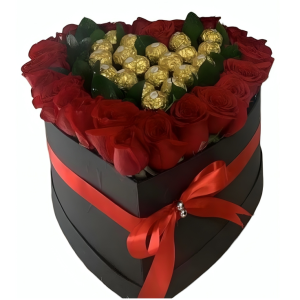 Tapizado de rosas y chocolates en forma de corazón