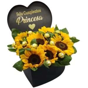 Caja de girasoles y chocolates