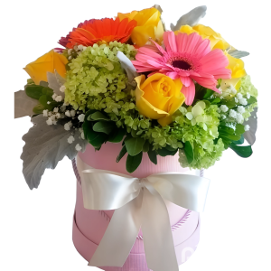 Caja rosas, gerberas y hortensias