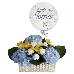 Canasta de flores surtidas y globo